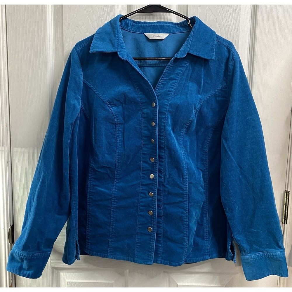 C.J. Banks Women Long Sleeve Corduroy Teal Blue Shirt Jacket Blazer Snaps M/L